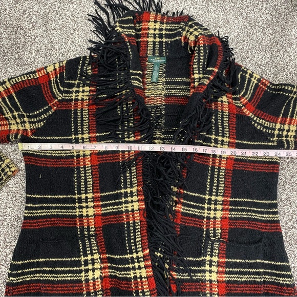 Lauren Jeans Ralph Lauren Black Plaid Wool Blend Long Fringe Cardigan Large - Picture 6 of 7